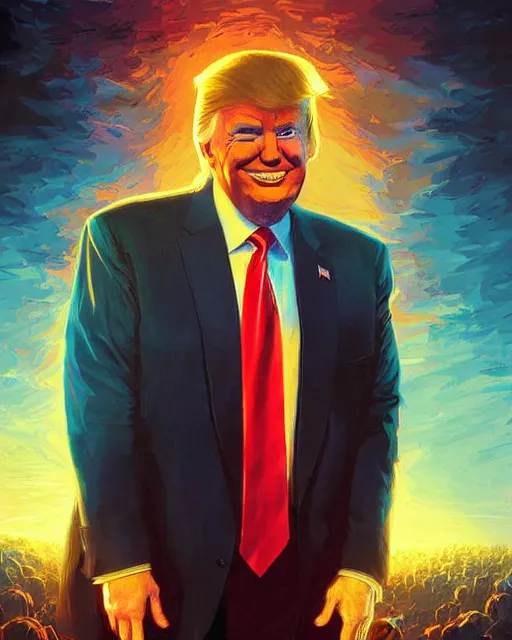 Image similar to donald trump painting, happy, smirk, atmospheric lighting, painted, intricate, volumetric lighting, beautiful, rich deep colours masterpiece, golden hour, sharp focus, ultra detailed, in the style of dan mumford and marc simonetti