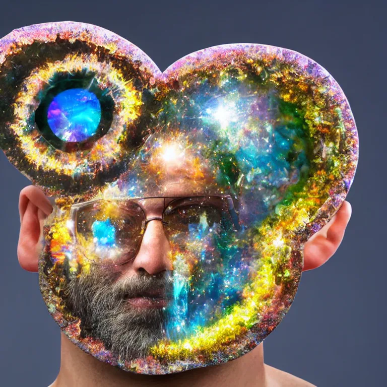 Prompt: Close up shot shallow depth of field studio photograph of a bookish man whose head opens up as a prismatic geode and he says 'I will always love you' psychedelic album cover, vivid color shocking detail hyperrealistic 8k