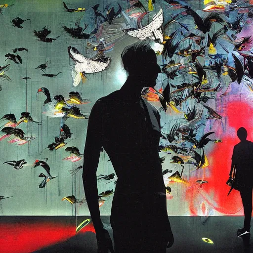 Image similar to a daydreaming hacker is surrounded by birds, neon virtual networks, and information visualization, oil on canvas by dave mckean and yoji shinkawa