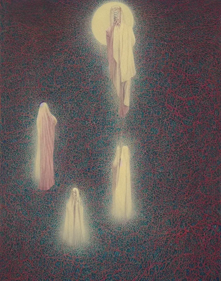 Image similar to a crystal orb radiating white light, worshippers in robes belonging to the cult of the crystal reach out to touch it, interior of a small room, beksinski painting, part by adrian ghenie and gerhard richter. art by takato yamamoto. masterpiece, deep colours