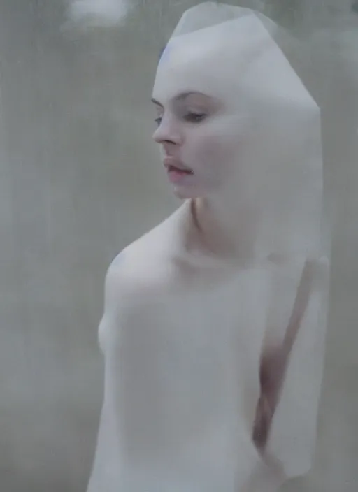 Prompt: out of focus photorealistic portrait of a beautiful!!! aesthetic pale woman by saul leiter, behind a white latex sheet, very blurry, translucent white skin, closed eyes, foggy