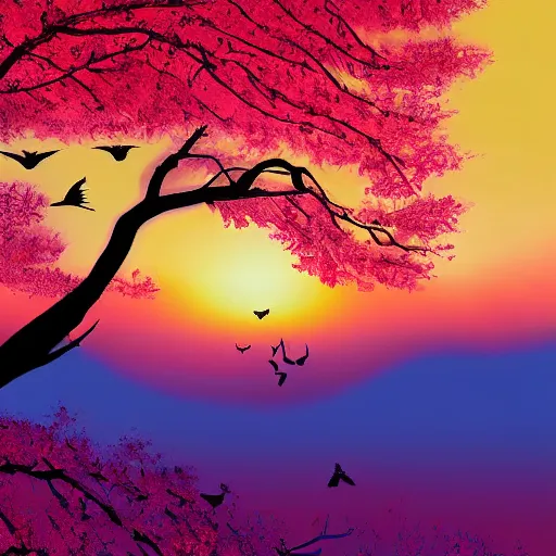 Image similar to birds on cherry tree, Changelingcore, serene, graceful, sunset photo at golden hour, Kodachrome, digital painting