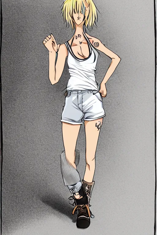 Image similar to anime style cel shaded portrait of a blonde woman, 40 years old, brown sun tanned skin, tattoos down left arm and back, wearing a charcoal vest top, white shorts and hiking boots, stood in sunshine in front of a door