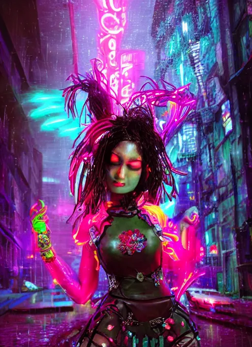 Image similar to An epic fantasy comic book style full body portrait painting of a very beautiful cybergoth Hula Dancer in the rain, neon reflections in the rain puddles, character design by Mark Ryden and Pixar and Hayao Miyazaki, unreal 5, DAZ, hyperrealistic, octane render, cosplay, RPG portrait, dynamic lighting, intricate detail, cinematic