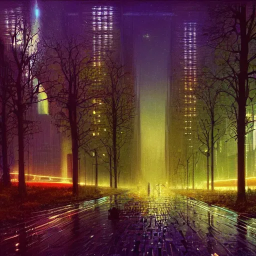 Prompt: sci - fi urban landscape with trees in rainy coruscant at night by david noren and ralph mcquarrie and peter mohrbacher, matte painting, psychedelic, dark