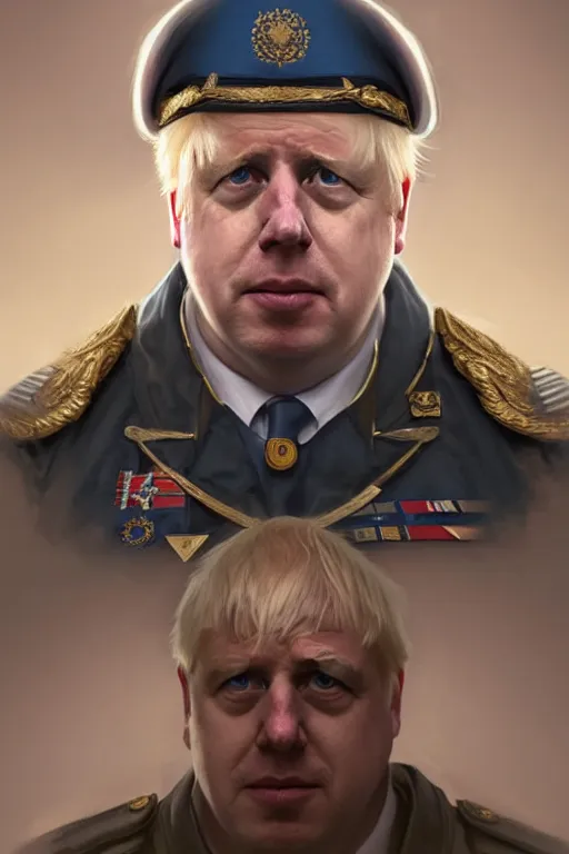 Prompt: Boris Johnson as a NATO commander, visible face, realistic portrait, gold and blue, highly detailed, digital painting, artstation, concept art, smooth, sharp focus, illustration, cinematic lighting, art by artgerm and greg rutkowski and alphonse mucha