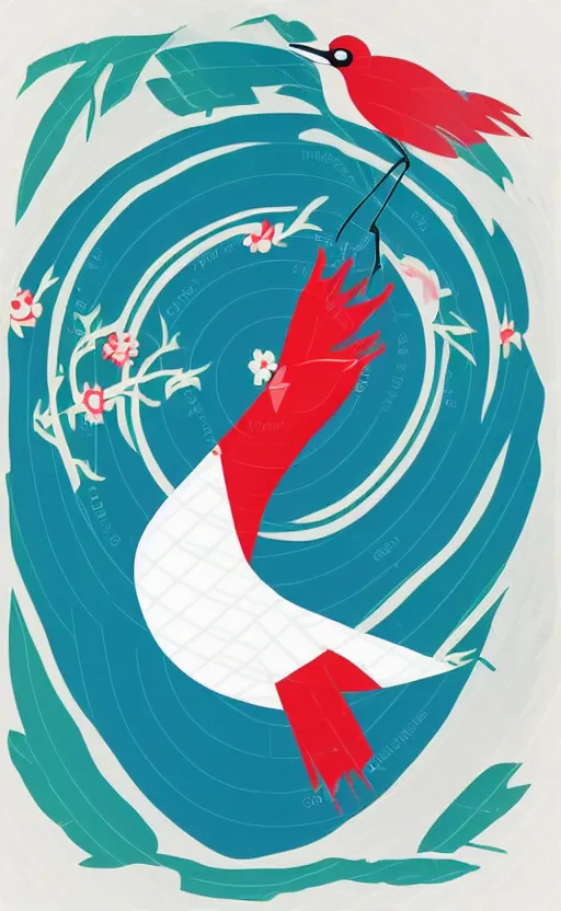 Prompt: poker card style, simple, modern look, solid colors, colorful, japanese crane bird in center, pines symbol in the corners, vivid contrasts, for junior, smart design