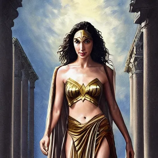 Image similar to Full body oil painting of the beautiful woman Gal Gadot, she is wearing some withe ancient roman cloths and a surreal ornate, her hair is natural disheveled, she is approaching heaven, she is in the Parthenon in Athens while people are claiming for her, she is attracting lightnings, naturalism, dramatic lighting, high-detailed oil painting by Ilya Repin, Michelangelo da Caravaggio, William Blake, Alex Grey and Beksinski, trending on Artsatio, hystorical painting, masterpiece, 4k, 8k,