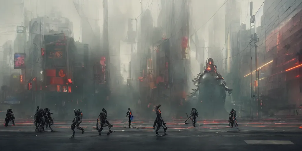 Prompt: cinematic wide angle view of a dystopian instagram influencer parade through the streets los angeles being worshipped by shadow figures, by yoshitaka amano, by ruan jia, by conrad roset, by kilian eng, high detail, digital painting, minimalist art style, death stranding art style, cinematic lighting, artstation, cgsociety, 3 5 mm film grain