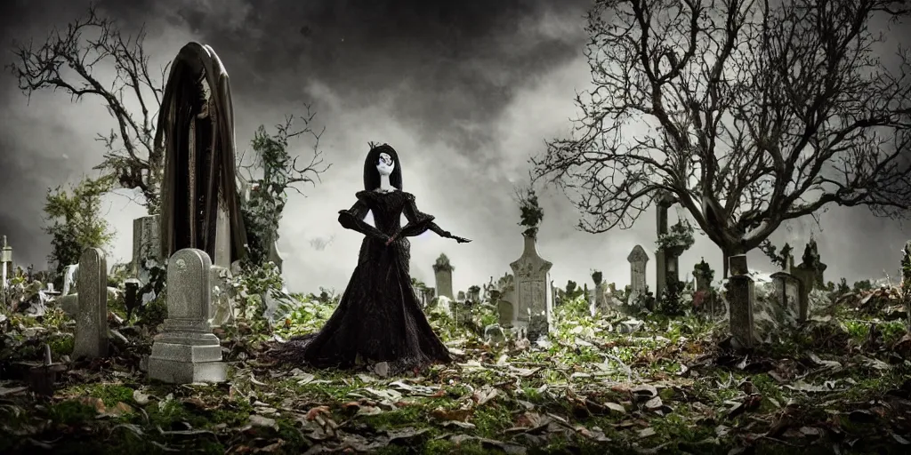 Image similar to photo taken of an epic intricate, ultra detailed, super realistic stop motion puppet of a majestic gracious regal aristocratic brunette female vampire in a graveyard filmset created by weta workshop directed by tim burton, menacing, wide angle, moody night time scene, photorealistic, sharp focus, gloomy, extremely cold blueish colour temperature, 3 5 mm, f 1. 4