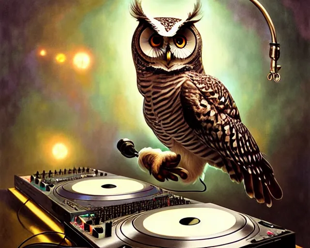 Prompt: anthropomorphic dj owl mixing on stage, diffuse lighting, fantasy, intricate, elegant, highly detailed, lifelike, photorealistic, digital painting, artstation, illustration, concept art, smooth, sharp focus, art by john collier and albert aublet and krenz cushart and artem demura and alphonse mucha