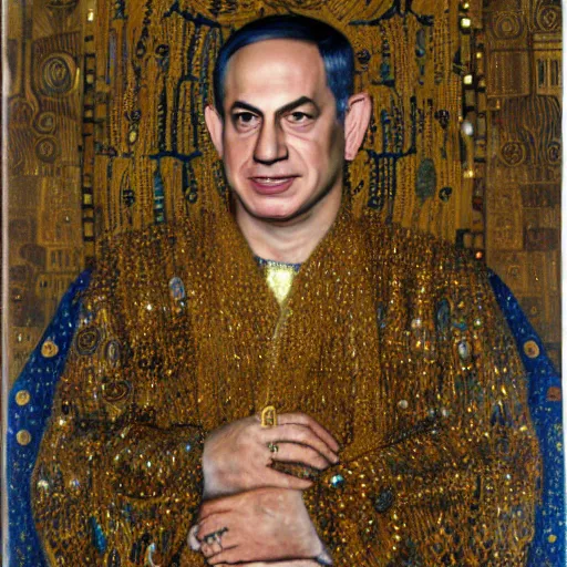 Image similar to a portrait of benjamin netanyahu wearing golden ornate robe, earings, necklace, jewels, by gustave klimt