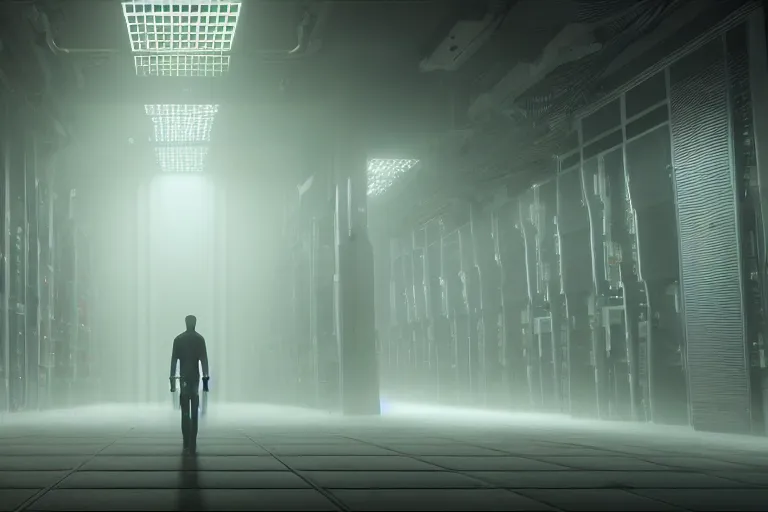 Image similar to extremely detailed cinematic movie still 3 0 7 7 foggy portrait shot of a robot in an endless data centre by denis villeneuve, wayne barlowe, simon birch, marc simonetti, philippe druillet, beeple, bright volumetric sunlight from small windows, rich moody colors