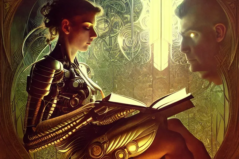 Image similar to a cyborg reading from an old book with a leather cover, fantasy, sci-fi, intricate, elegant, dramatic lighting, highly detailed, lifelike, photorealistic, digital painting, artstation, concept art, smooth, sharp focus, illustration, art by John Blanche and Paul Dainton and Darren Tan and Pierre Loyvet and Alphonse Mucha