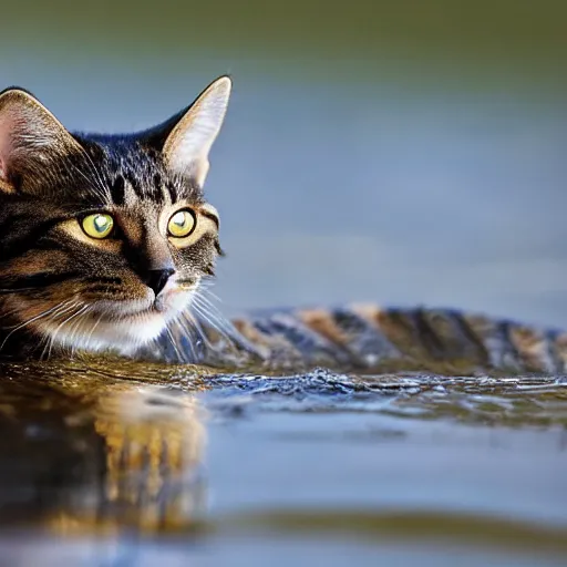 Prompt: a cat - crocodile, wildlife photography