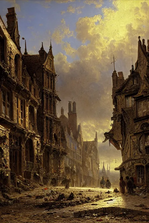 Prompt: detailed painting of a street of saint malo ruined, full of rubble, dusk, filigree ornaments, andreas achenbach