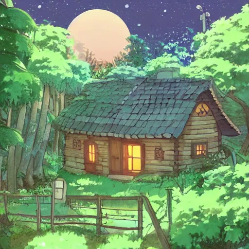 Prompt: a cozy cottage in an overgrown forest, anime, cartoon, studio Ghibli style, golden hour