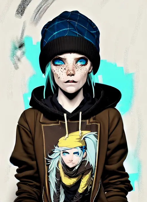 Image similar to highly detailed portrait of a sewer punk lady student, blue eyes, tartan hoody, hat, white hair by atey ghailan, by greg rutkowski, by greg tocchini, by james gilleard, by joe fenton, by kaethe butcher, gradient yellow, black, brown and cyan color scheme, grunge aesthetic!!! ( ( graffiti tag wall background ) )