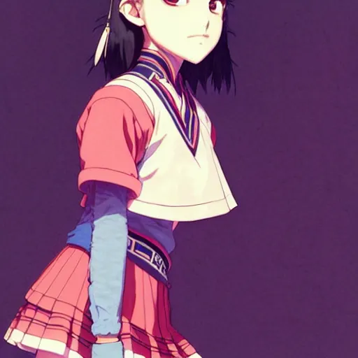 Image similar to a beautiful! boyish! natalie portman alluring gravure! model, wearing japanese school girl outfit with mayan pattern and native style, aztec street fashion, gapmoe yandere grimdark, trending on pixiv fanbox, painted by greg rutkowski makoto shinkai takashi takeuchi studio ghibli, akihiko yoshida