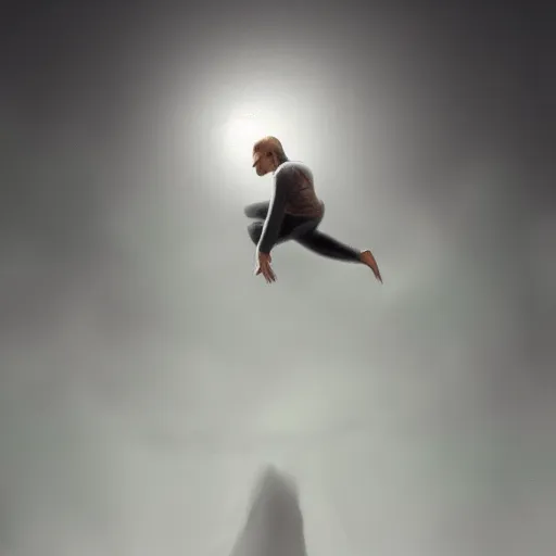 Prompt: man floating in air in total darkness, oil painting, pale colors, high detail, 8 k, wide angle, trending on artstation,
