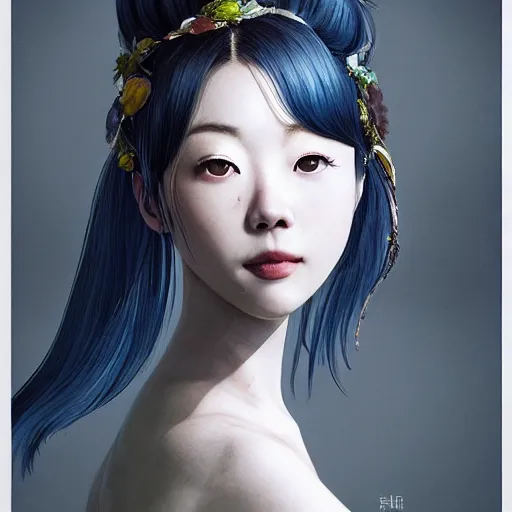 Image similar to the portrait of a blueberry that resembles an absurdly beautiful, graceful, elegant, sophisticated irene bae gravure idol, an ultrafine hyperdetailed illustration by kim jung gi, irakli nadar, intricate linework, bright colors, octopath traveler, final fantasy, unreal engine 5 highly rendered, global illumination, radiant light, detailed and intricate environment