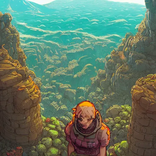 Image similar to cell shaded adult animation, a birds eye view overlooking a walled off ancient fantasy city being attacked by horrific monsters, surrounded by mountains and trees of greens and browns, rivers, concept art by josan gonzales and wlop, Laurie Greasley, Jordan Grimmer, Beksiński and james jean, highly detailed, sharp focus, Trending on Artstation, HQ, deviantart, art by artgem