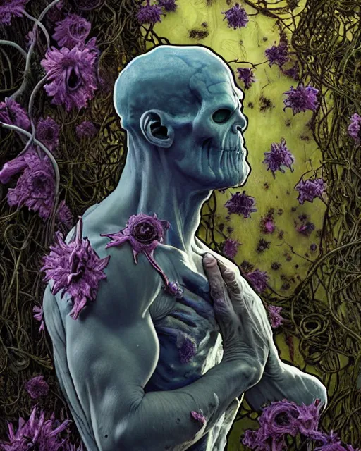 Prompt: the platonic ideal of flowers, rotting, moss, insects, vines and praying of cletus kasady ultimate carnage thanos dementor doctor manhattan chtulu nazgul davinci, detailed, intricate, hyperrealism, cinematic composition, intense, scary, decay, dmt, art by brock hofer and artgerm and greg rutkowski and alphonse mucha