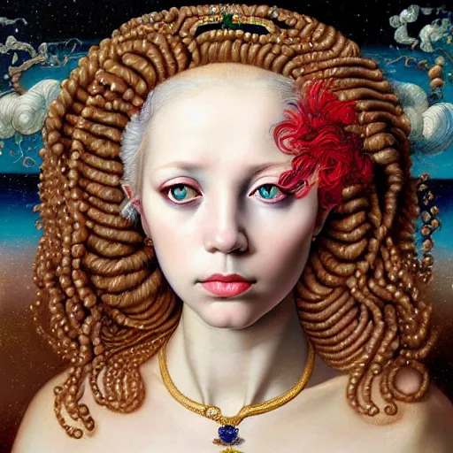 Prompt: highly detailed beautiful masterpiece portrait of a girl with eyes as big as space, dazzle camouflage scattered on treasure gold dimaond jewels rubies emeralds saphire, in the style of caravaggio, lucas cranach, petra cortright, esao andrews, jenny saville, boris vallejo, surrealism, deep rich colors, dark art by james jean, takato yamamoto