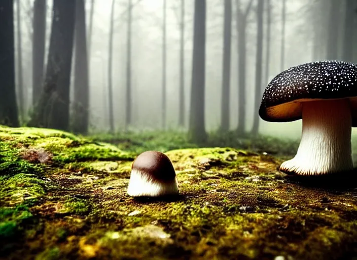 Image similar to a cute creature sitting next to a mushroom, fog filled, spotlights shine down from the watchtowers, perfectly lit face, ultra realistic, depth, beautiful lighting