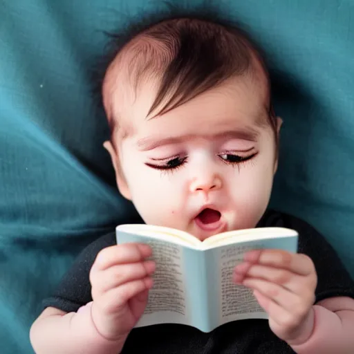 Image similar to baby with a beard crying reading a book