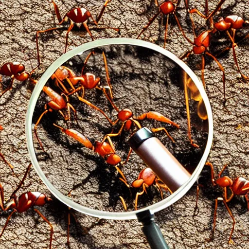 Prompt: ants using magnifying glass to set humans on fire