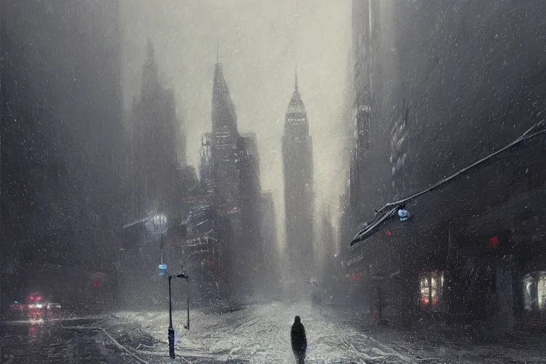 Image similar to New York city enveloped in ice, winter season, moody scene, highly detailed, intricate, sharp details, dystopian mood, 1950 scene by gaston bussiere, craig mullins, somber lighting, drawn by Giacomo Burattini, inspired by graphic novel cover art, hyperrealistic, 8k by RHADS