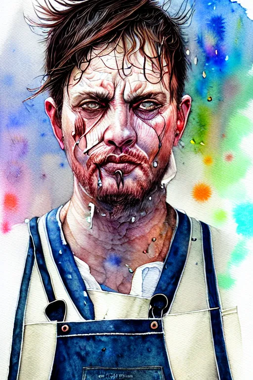 Prompt: watercolor portrait of a butcher with a white apron, raining, romantisism, outrun, pastel colors, painting, moody, detailed, by android jones