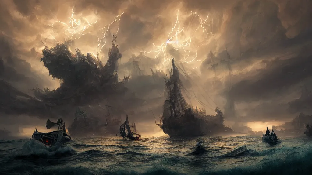 Prompt: small boat in foreground, giant big krakens and tentacles in the background, lightning in background, intricate, detailed, volumetric lighting, sharp focus, scenery, photorealism, digital painting, highly detailed, concept art, ruan jia, steve mccurry
