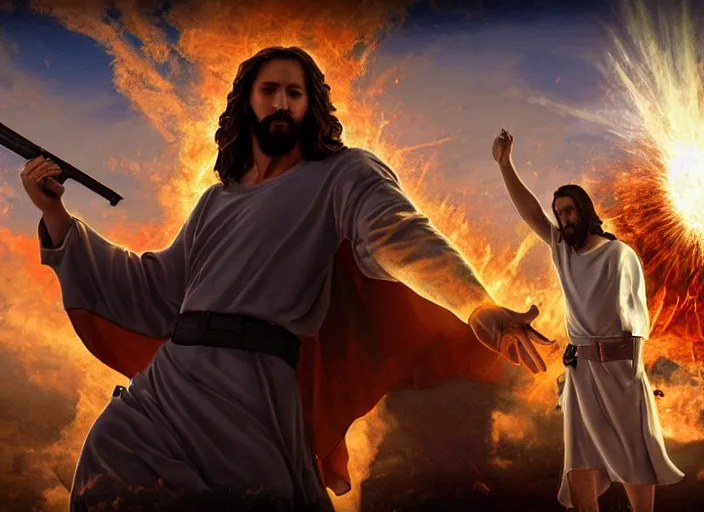 Prompt: real life photo of confident Jesus Christ holding a gun shooting the leader of Hell the Devil Hades, 8k, hyperrealistic, very detailed, clean, professional photography, epic composition, side profile, high contrast, sharp, upscaled, god rays, photorealistic render