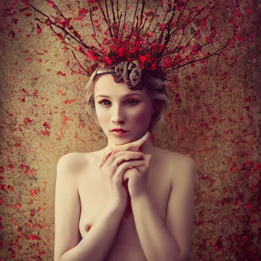 Prompt: full body fine art photo of the most beautiful woman, she has a crown of dried roses, by oleg oprisco
