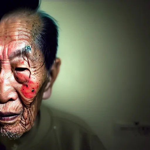 Image similar to a portrait of nonagenarian justin sun with qrcode tattoo on face in prison looking through the laser of his cell, by annie leibovitz, shallow depth of field, cinematic lighting, colorful dystopian futurism