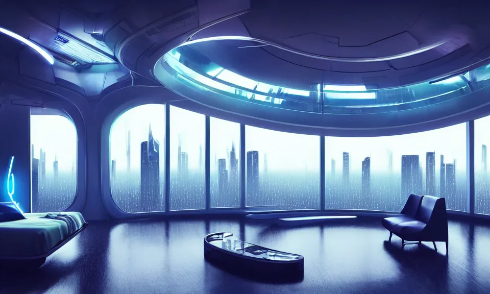 Image similar to a futuristic bedroom with large curved ceiling high windows looking out to a far future cyberpunk cityscape, cyberpunk neon lights, raining, scifi