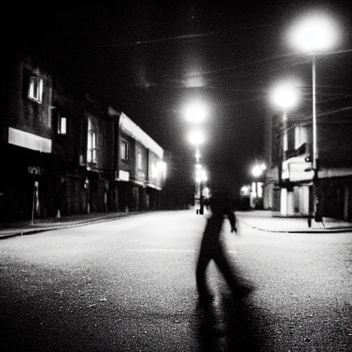 Prompt: an abstract photograph of a lonely male shadowy figure, there is a dark street with lanterns reflected on the ground, everything is underwater, motion blur, 35 mm, black-and-white