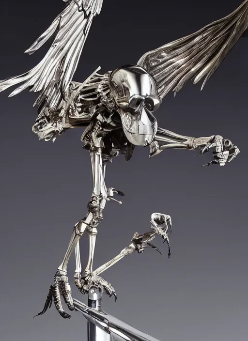 Prompt: a vulture skeleton sculpture made with polished stainless steel, shining and glossy by bernini