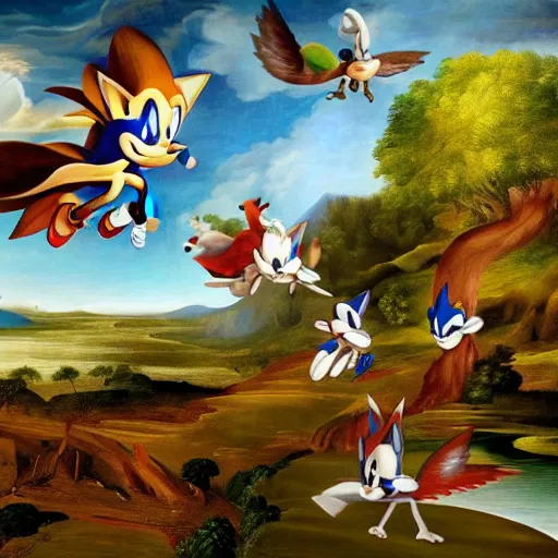 Prompt: renaissance painting sonic the hedgehog going fast through forest with excited birds flying behind, realistic, oil paint, green forest