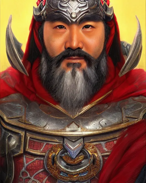 Image similar to guan yu as a superhero portrait | highly detailed | very intricate | symmetrical | whimsical and magical | soft cinematic lighting | award - winning | closeup portrait | doll | painted by donato giancola and mandy jurgens and ross tran | pastel color palette | featured on artstation