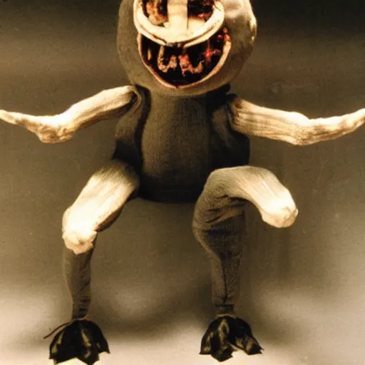 Prompt: creepy creature toy from a bad 90s commercial, vhs footage