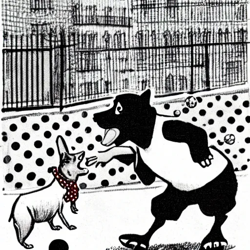 Image similar to illustration of french boy on the streets of paris playing football against a corgi, the dog is wearing a polka dot scarf, comic, 1 9 7 2