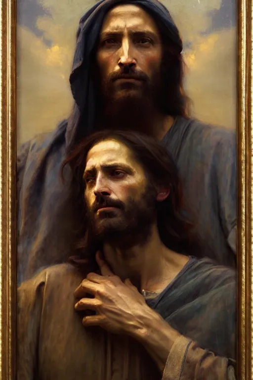 Image similar to photograph imax and solomon joseph solomon and richard schmid and jeremy lipking victorian loose genre loose painting full length portrait painting of jesus