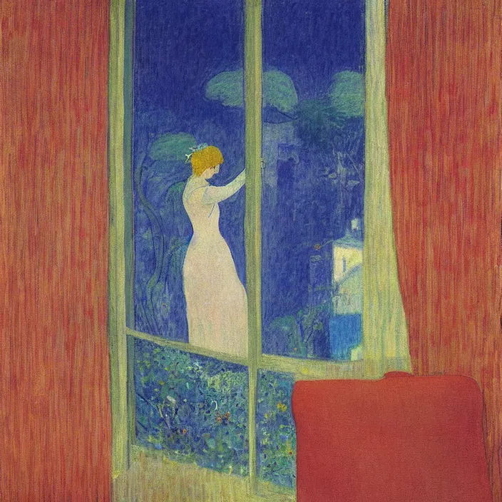 Image similar to portrait of woman in night gown, blue cat and aloe house plant with brutalist city at night seen from a window frame with curtains. agnes pelton, giorges de la tour, bonnard, henri de toulouse - lautrec, utamaro, matisse, monet