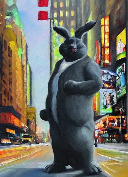 Prompt: an oil painting of big chungus in the middle of new york; an extraordinary masterpiece!!!