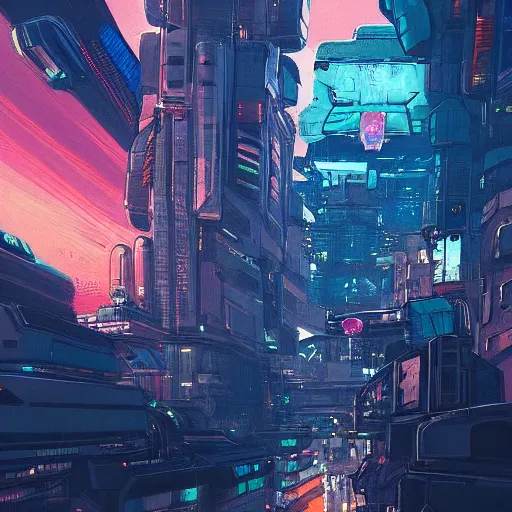 Prompt: Flying spaceships over a cyberpunk city at sunset by Sparth, neon lights, Impressionism, Romanticism, hyper detailed, concept art, artstation