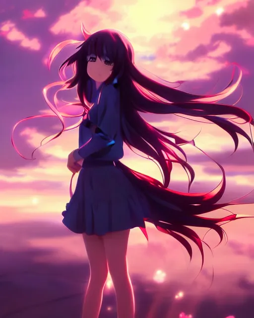 Image similar to anime style, vivid, expressive, full body, 4 k, painting, a cute magical girl with a long wavy black hair, stunning, realistic light and shadow effects, centered, simple background, studio ghibly makoto shinkai yuji yamaguchi