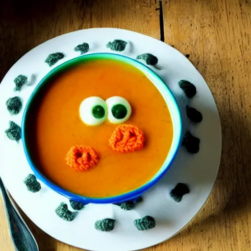 Image similar to a bowl of soup that looks like a monster that is knitted out of wool